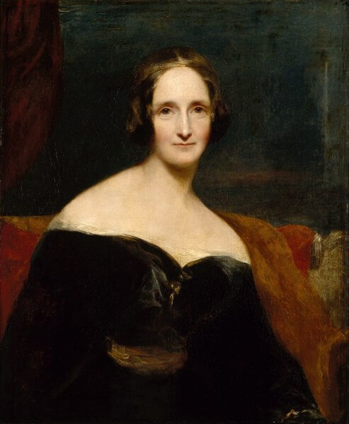 Pintura de óleo em tela retratando busto de Mary Shelley, século 19.